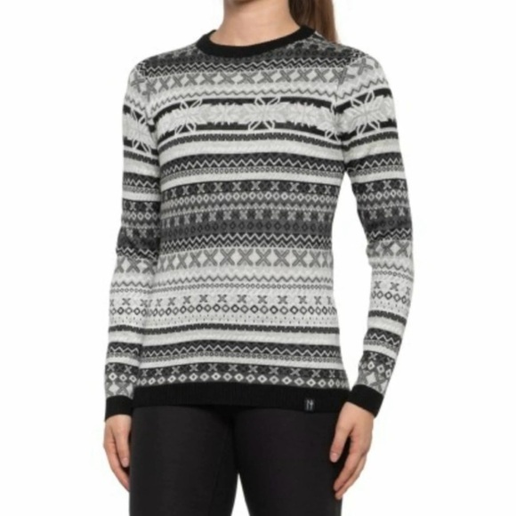 Neve Women Zoe‎ Black White Snowflake Pattern Merino Wool Crewneck Sweater Small - Picture 1 of 11